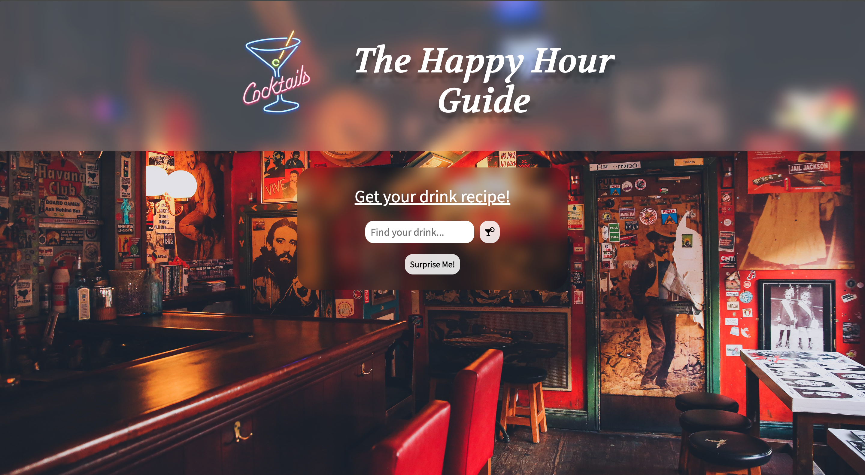 Screenshot of happy hour guide website.
